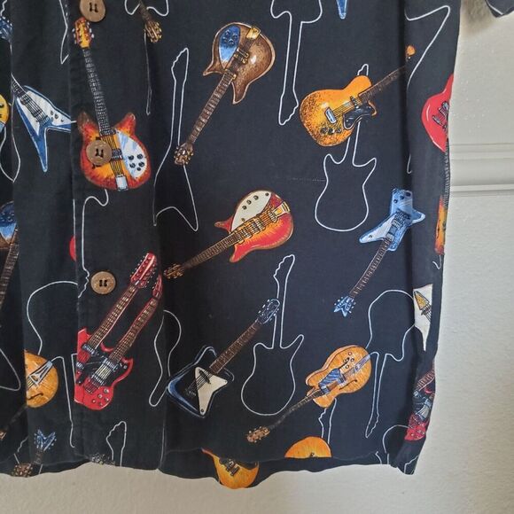Vintage Dem Crazy Shirt Mens L Guitar All Over Print Button Up Short Sleeve Blk - Picture 8 of 16